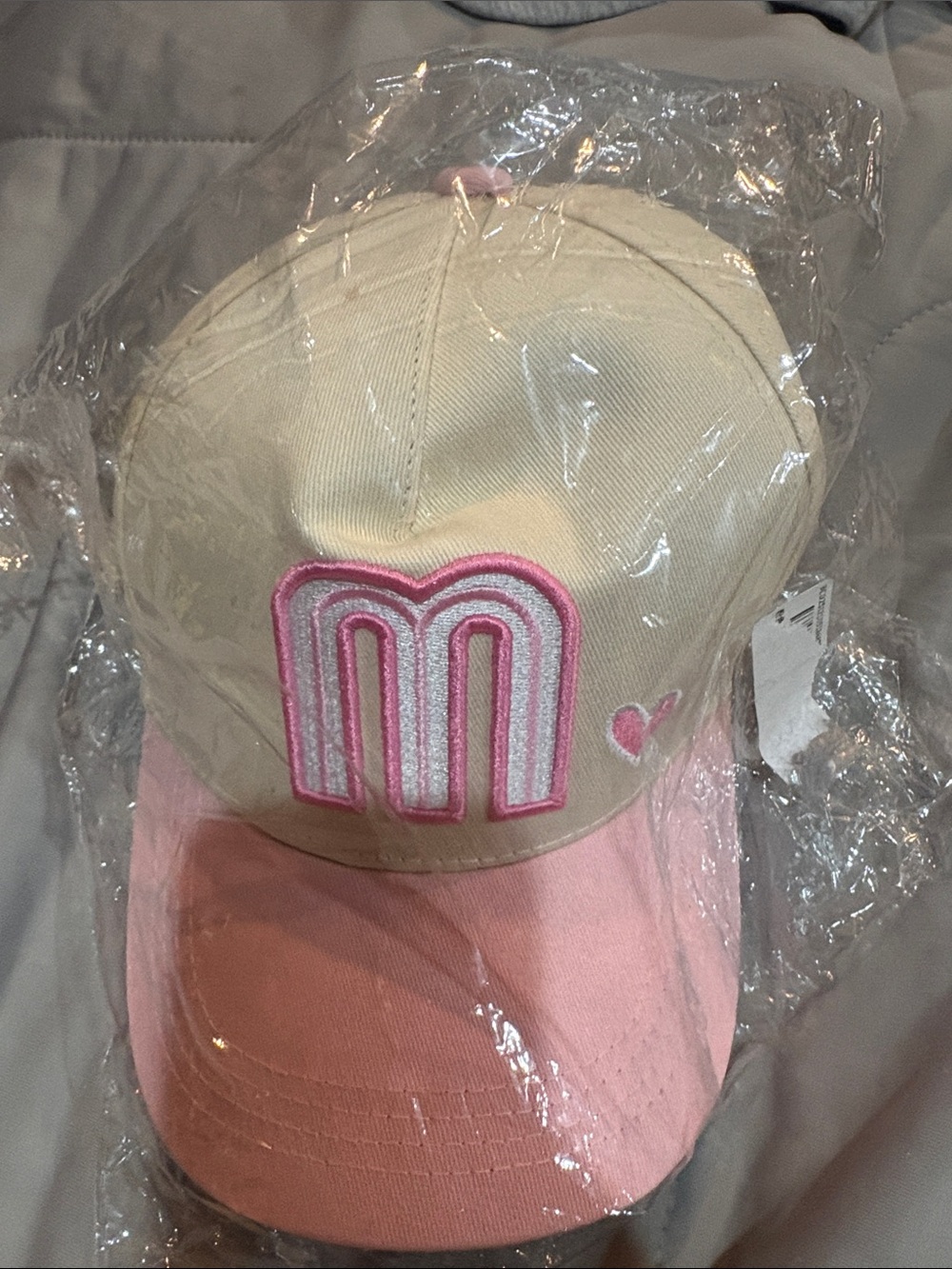 Source Unknown Beige and Pink Baseball Cap with Embroidered M
